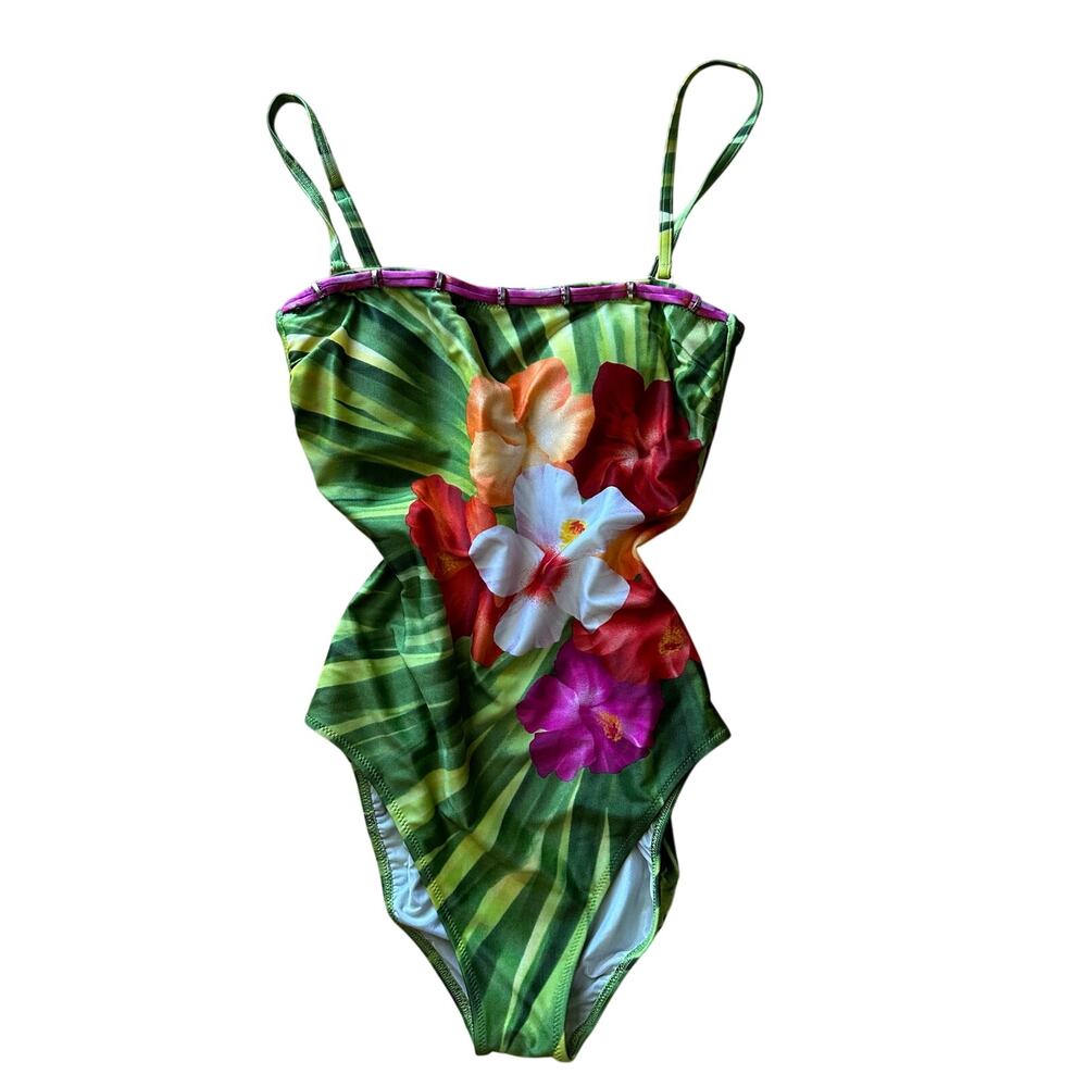 Vintage Beaded Tropical Hawaiian Fairy Floral One Piece Swimsuit Green Size 8/38